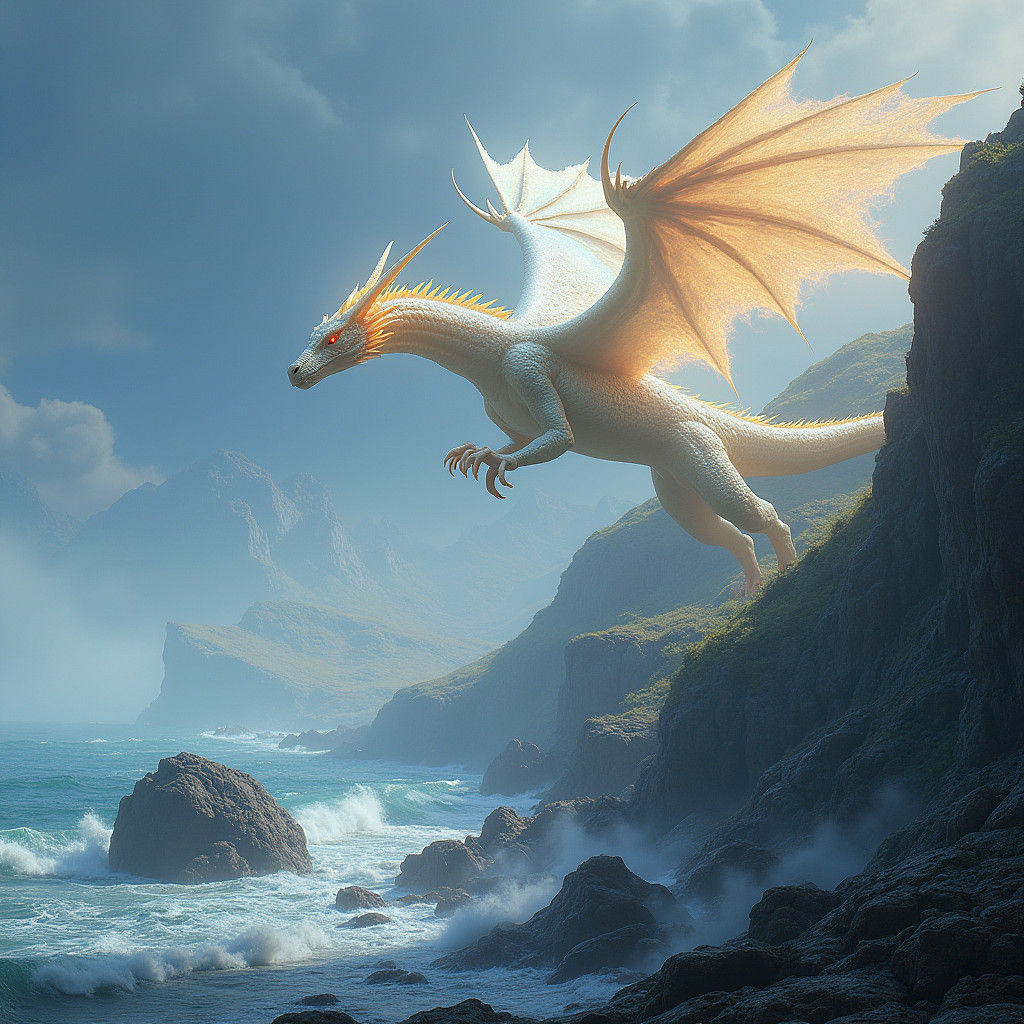 Luminous Dragon Glides Over Rocky Coastline