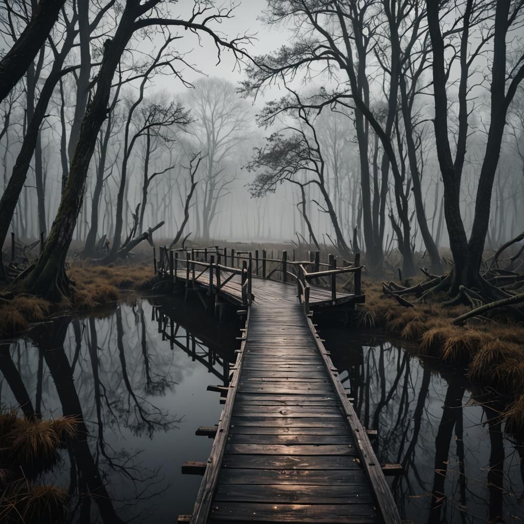 A rickety wooden bridge winding across a dark and foggy swam...