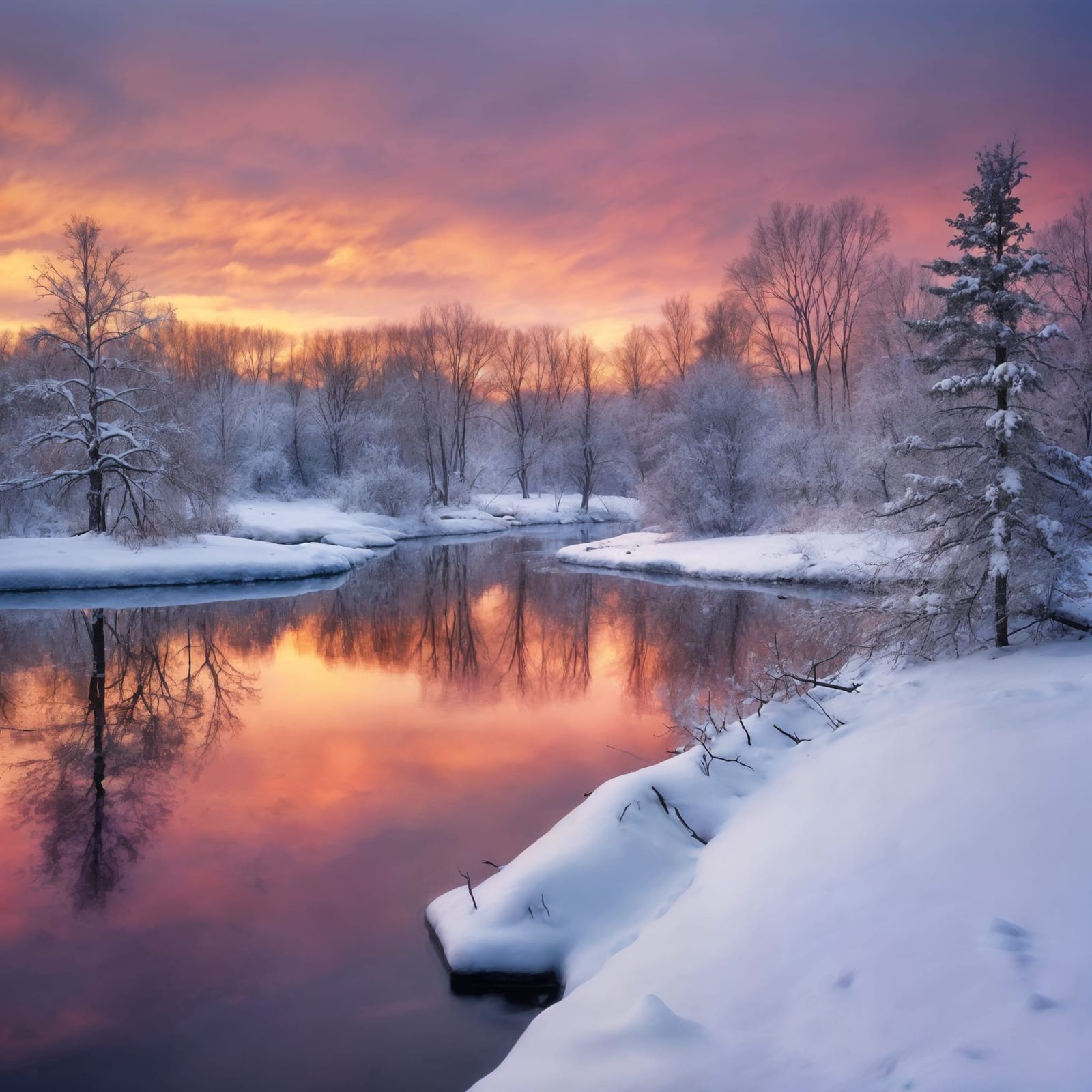 Vivid Winter Twilight Landscape with Deer