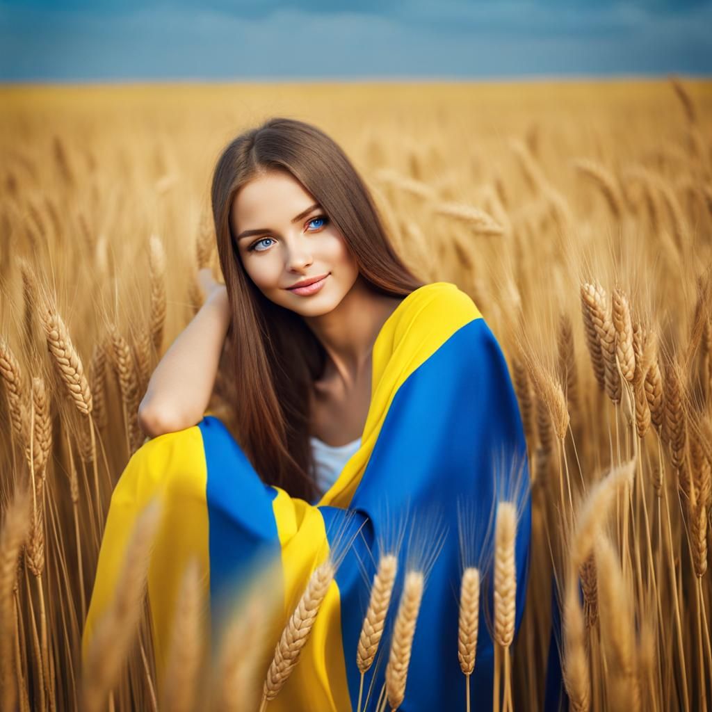 Ukrainian Girl with Flag in Wheat Field