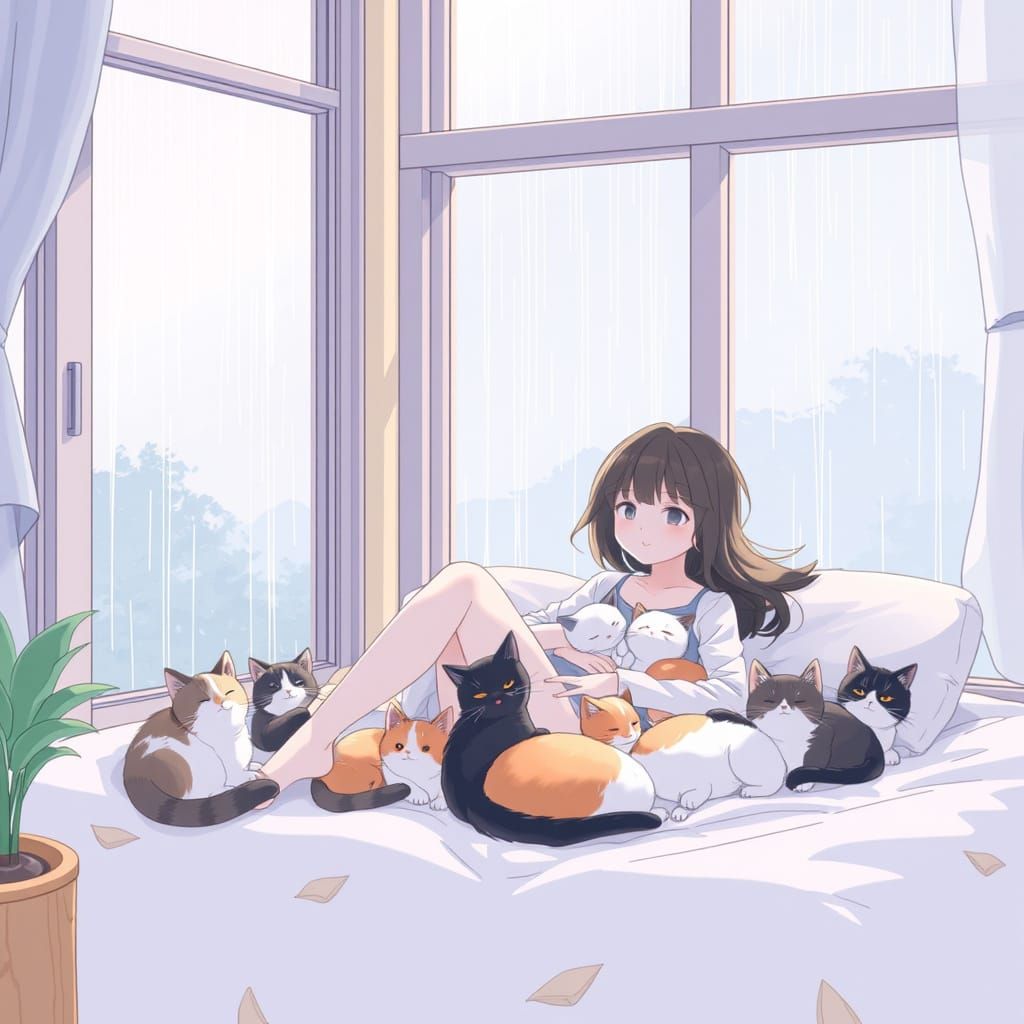 Cozy Anime Apartment with Cats and Rain