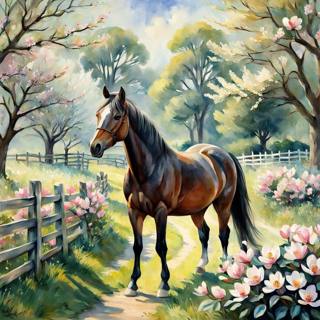Whimsical Springtime Horse in a Serene Oil Painting