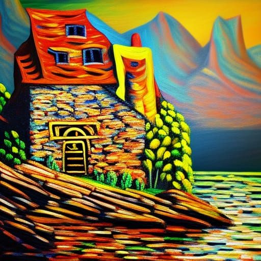 Cheese Cottage on Rocks: Expressionist Oil Painting