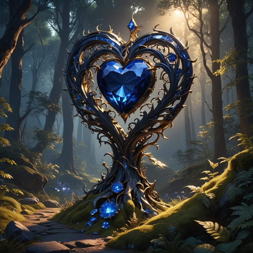 Sapphire Jewel Heart in Forest: Fantasy Concept Art