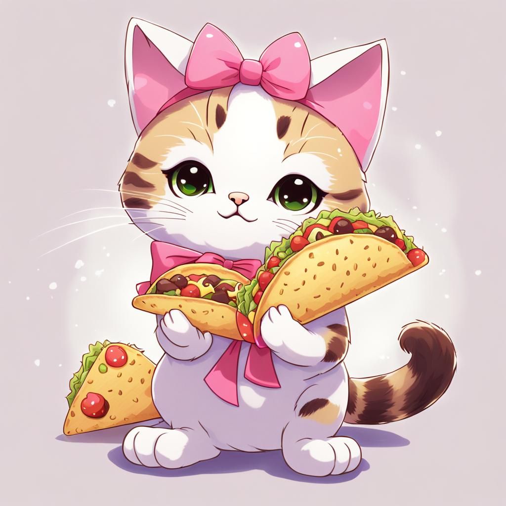 Anime Cat with Taco and Pink Bow