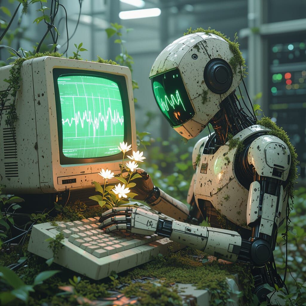 Metallic Figure with CRT Monitor Head Tends Bioluminescent F...