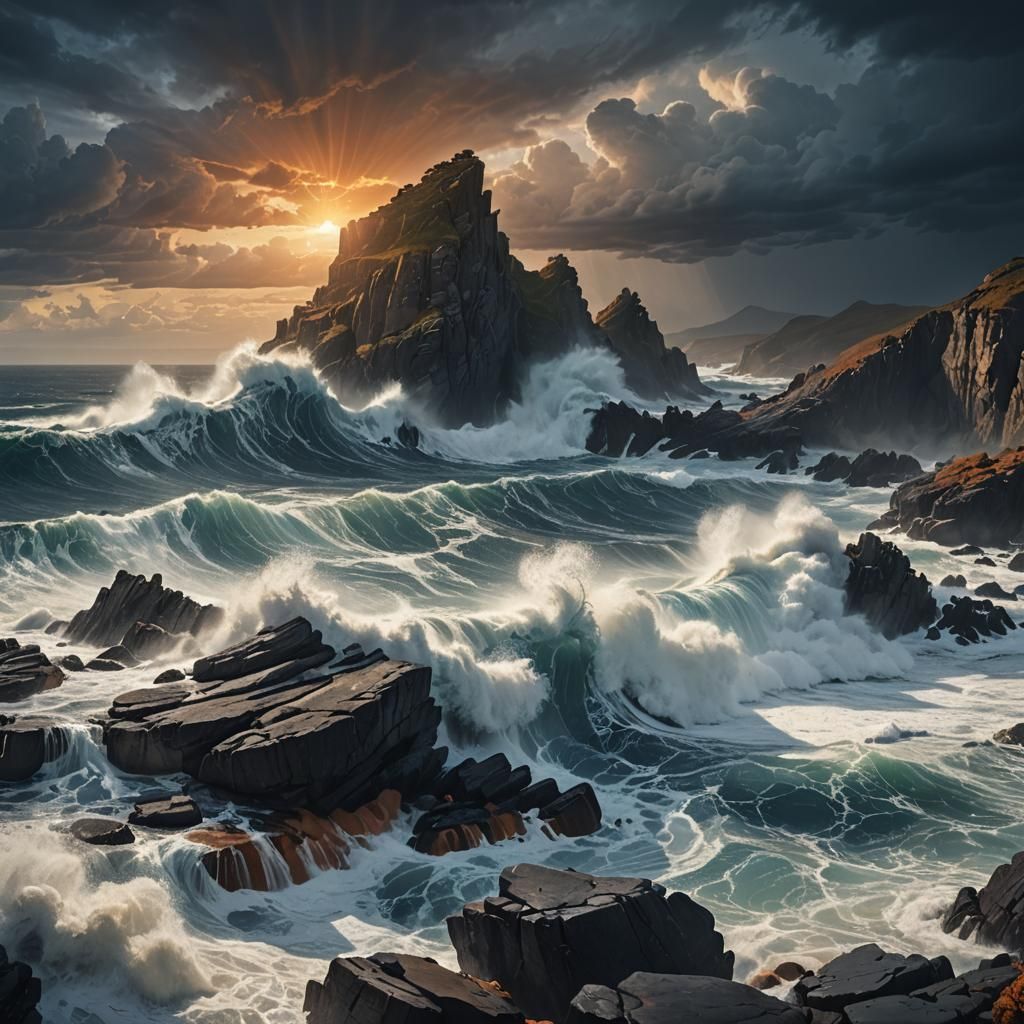 Stormy Wave Crashes on Rocky Coastline