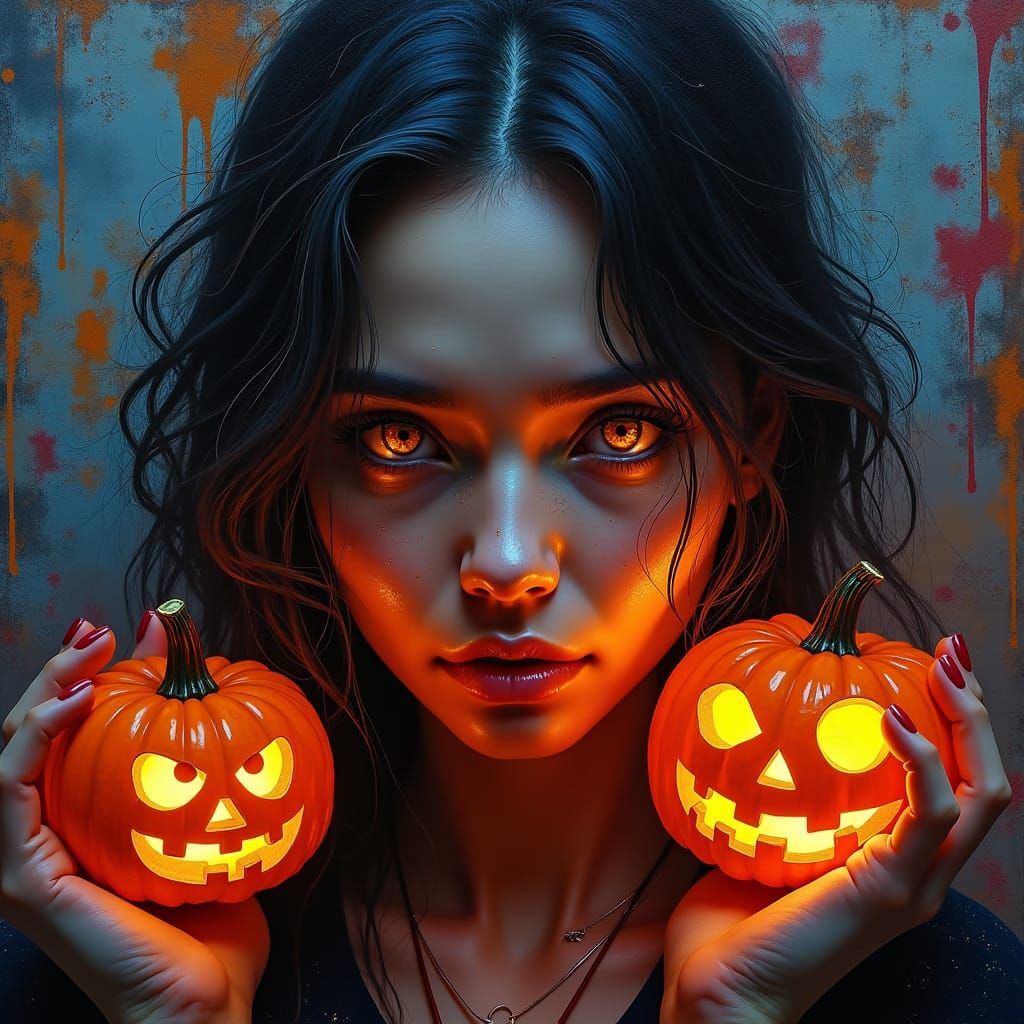 Halloween Woman: Hyperrealistic Portrait in Street Art Style