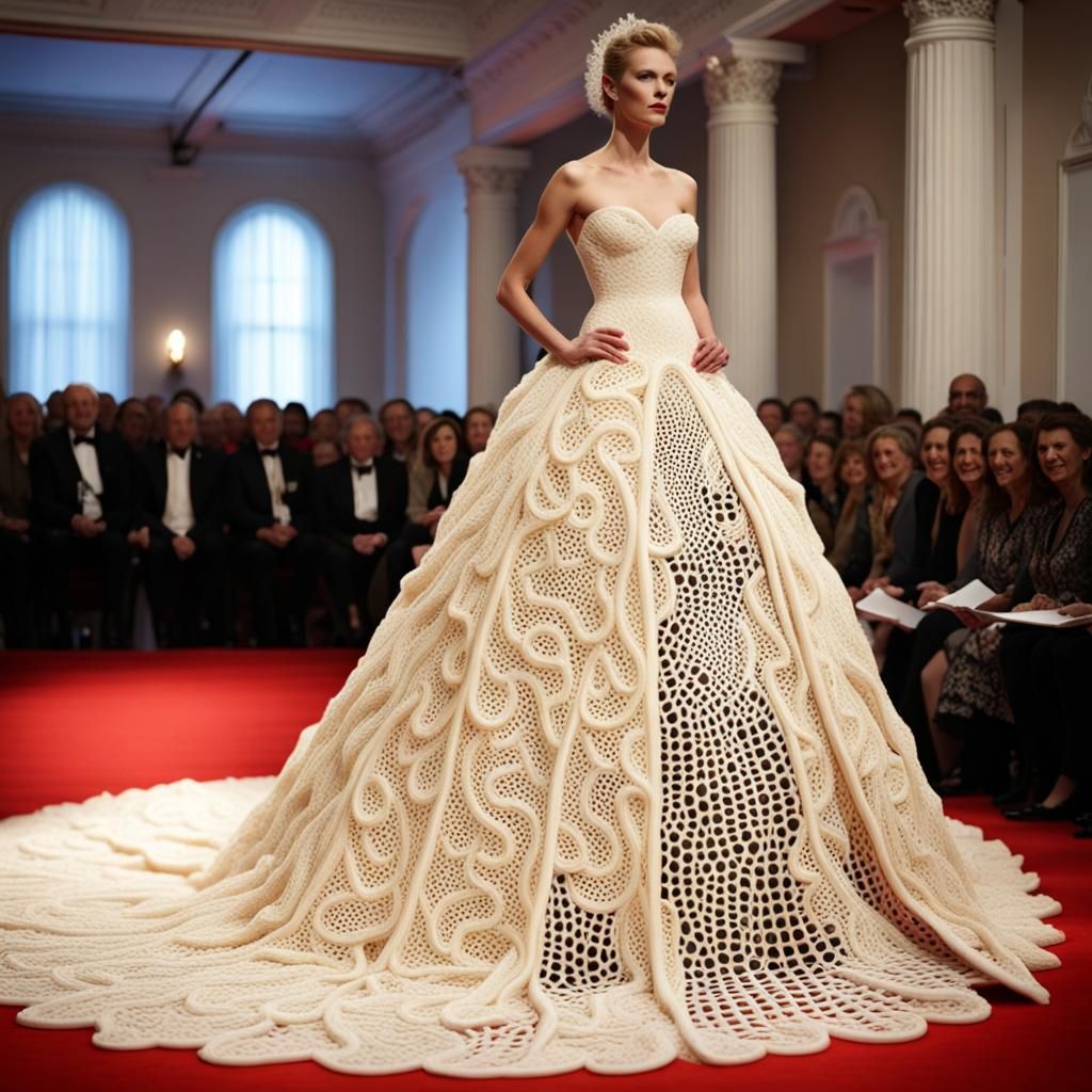 detailed exaggerated gown made out of swiss cheese, swiss lace, long train,