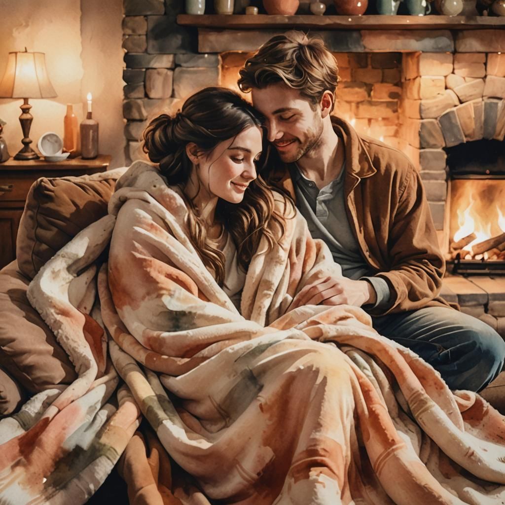 Cozy Couple Cuddling in Watercolor Style