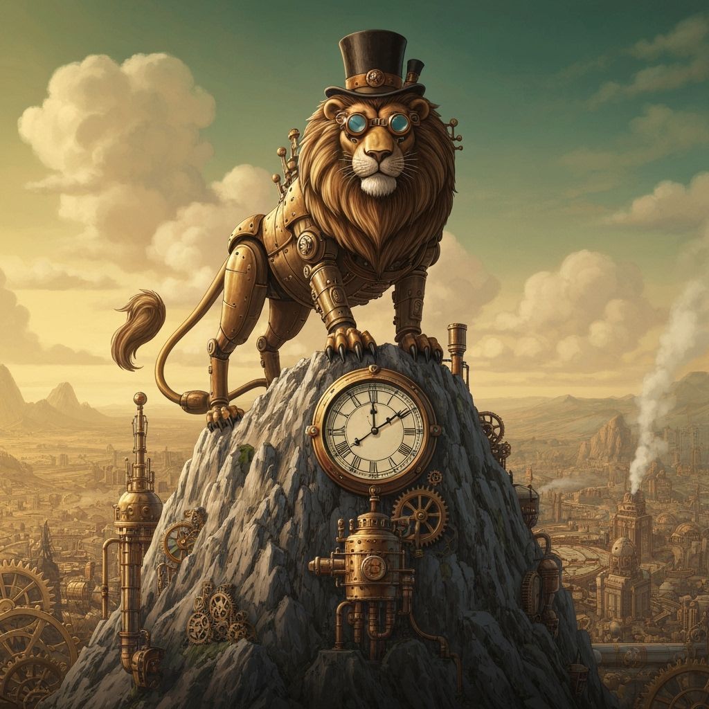 Steampunk Lion Automaton on Clockwork Mountain
