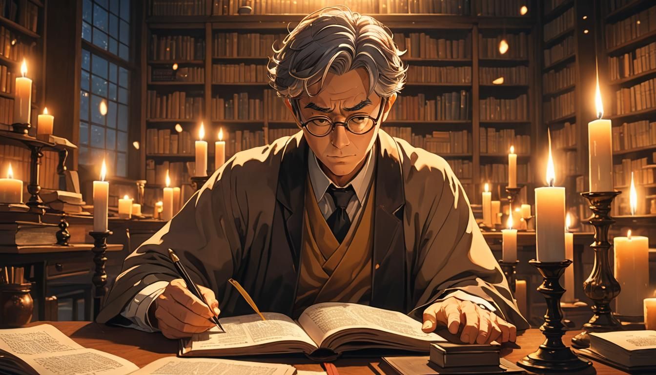 Anime Scholar Reading by Candlelight in Deep Color