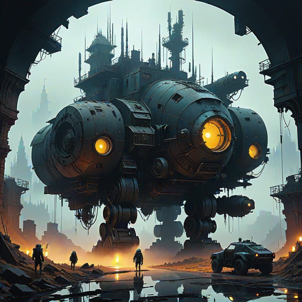 Medieval Cyberpunk Moving Fortress Rises from the Fog