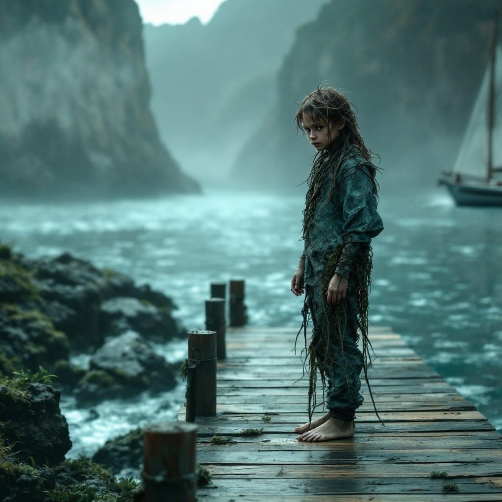 Merman Youth Blends into Oceanic Landscape in Cyberpunk-Insp...