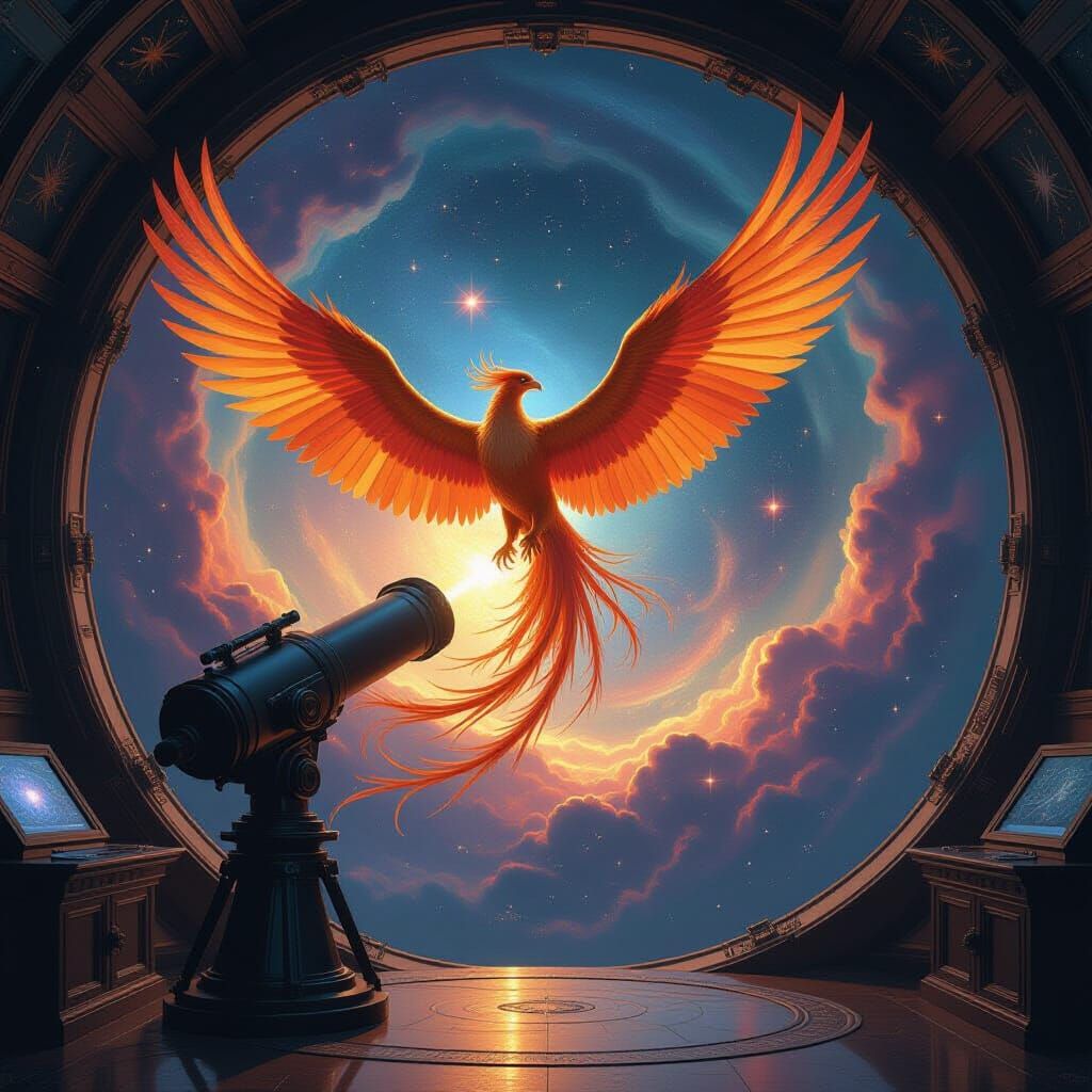 Phoenix Erupts from Cosmic Vortex in Observatory
