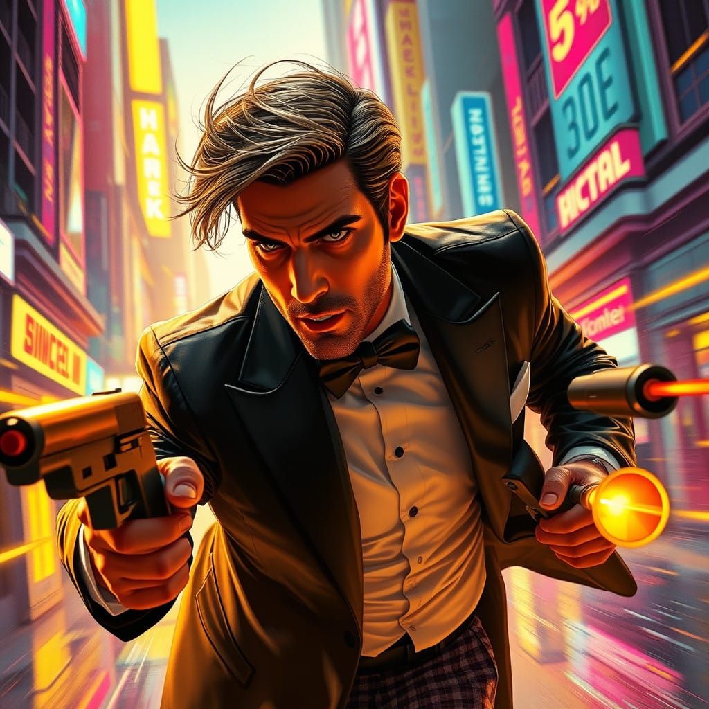 High-Stakes Operative in Neon Futuristic Cityscape