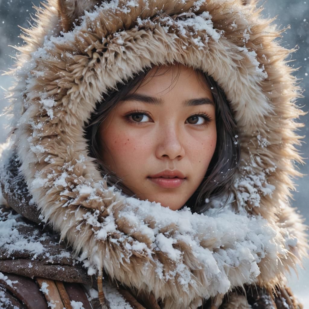 Watercolor Portrait of Asian Girl in Snowy Scene
