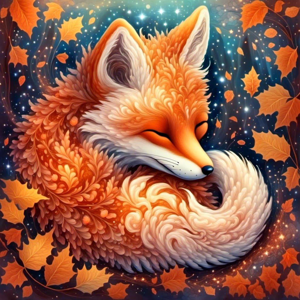 Baby Fox Sleeping in Autumn Forest, Art Brut