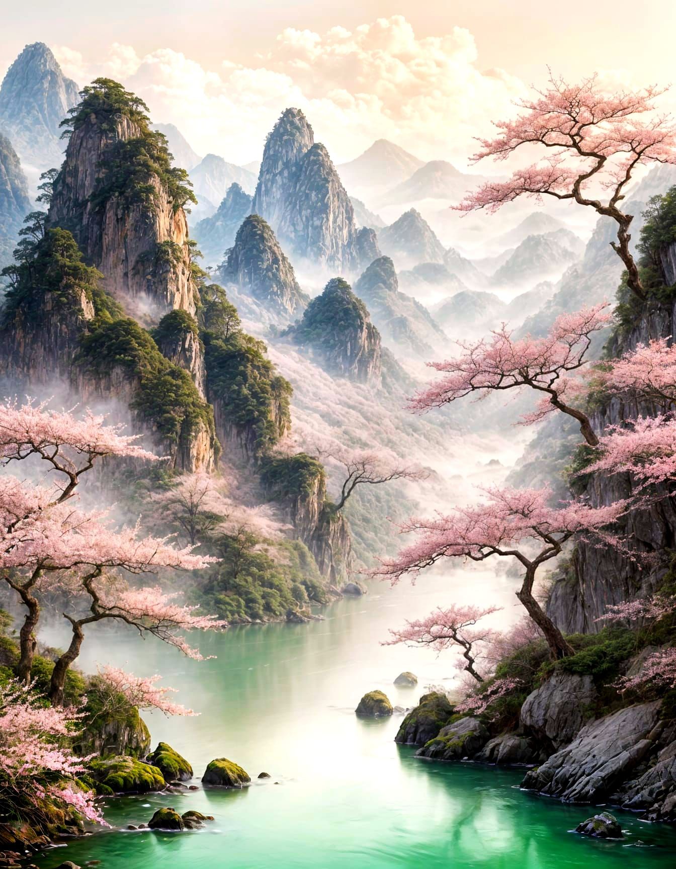 Cherry Blossoms in Serene Asian Landscape