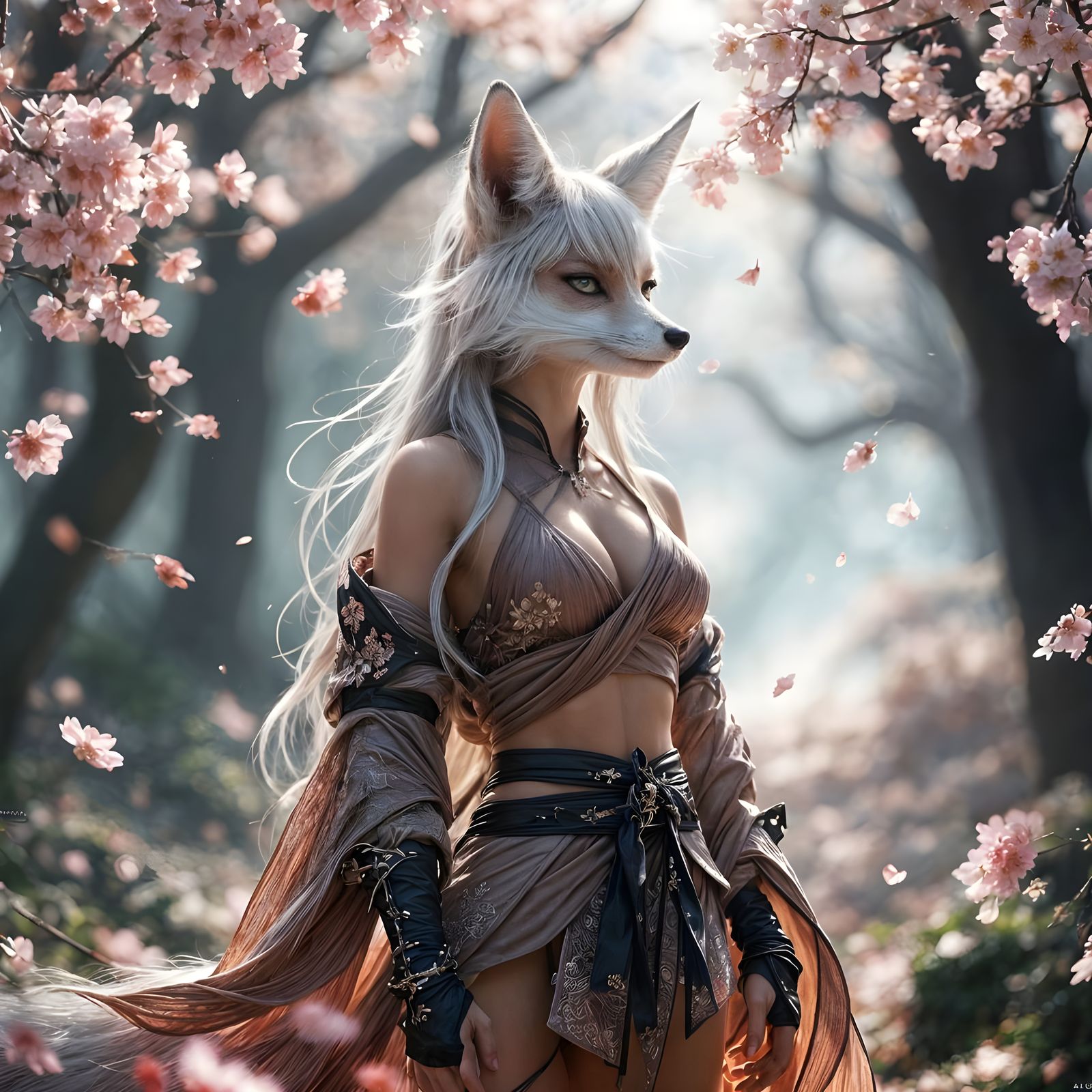 Mystical Fox Ninja in Blossoming Forest: Artgerm Style