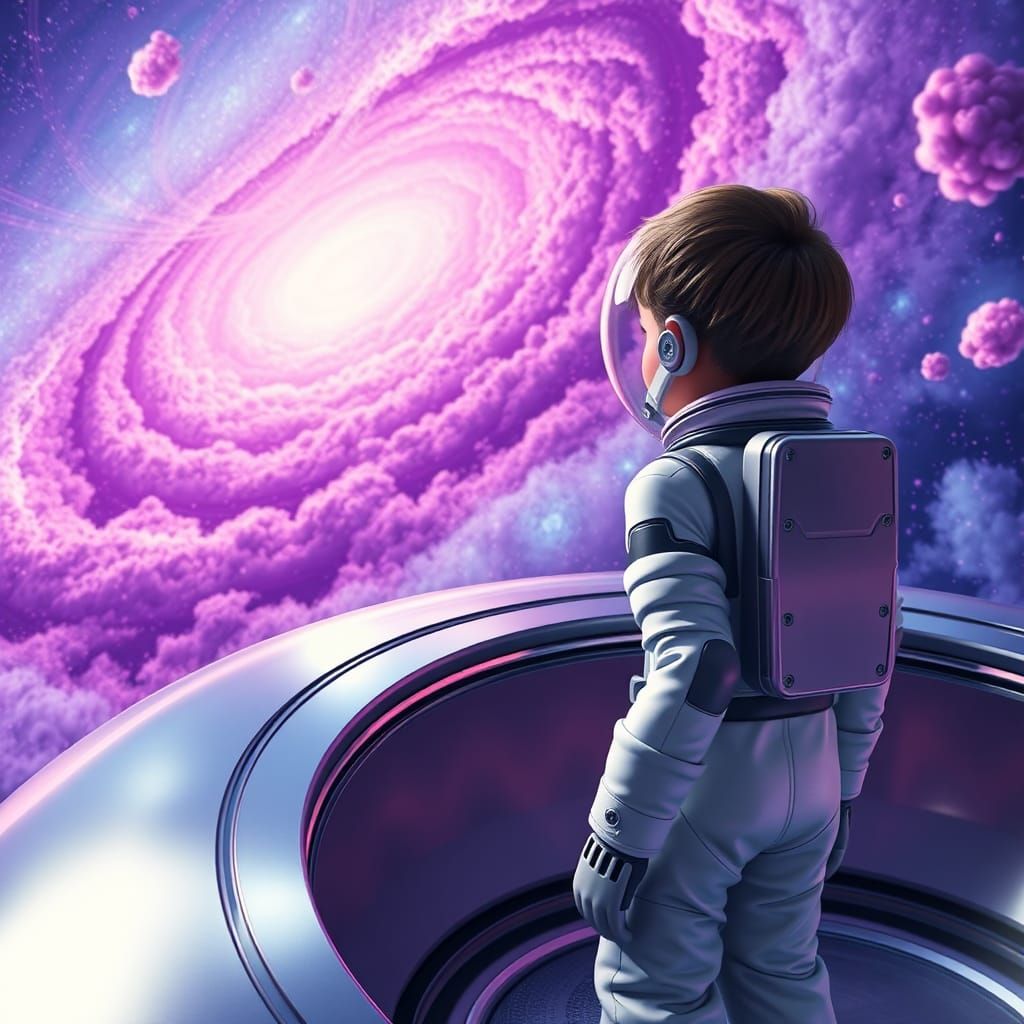 Boy Explorer Gazing at Galaxy in Spaceship