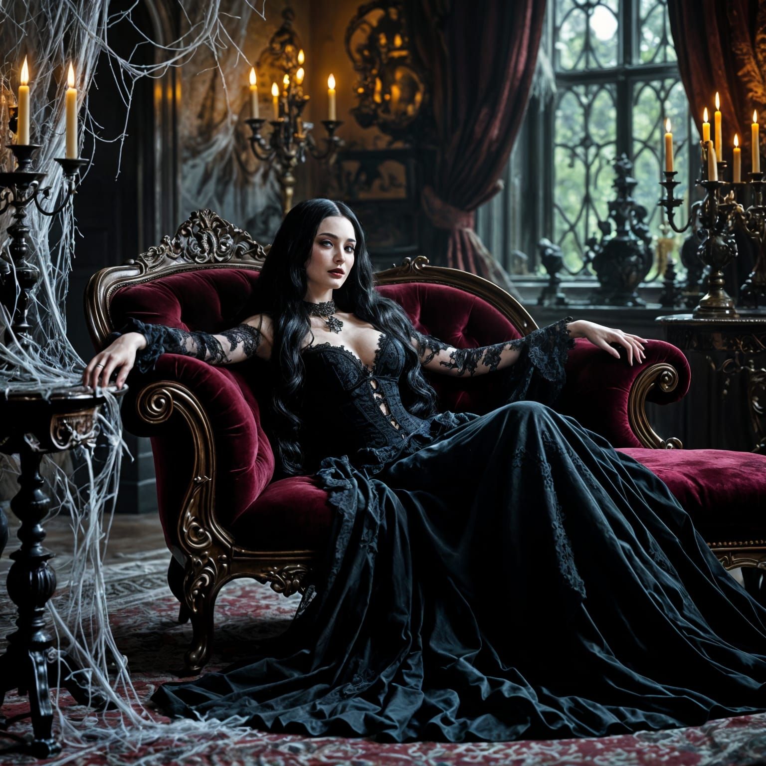 Morticia Addams in Haunted Mansion, Gothic Portrait