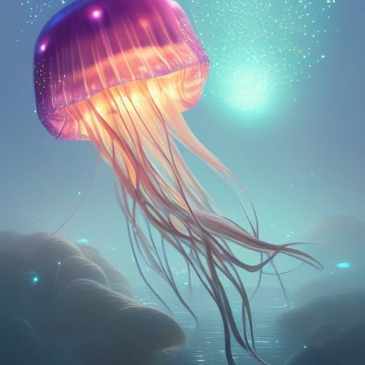 Luminous Jellyfish with Floating Crystals: Digital Illustrat...