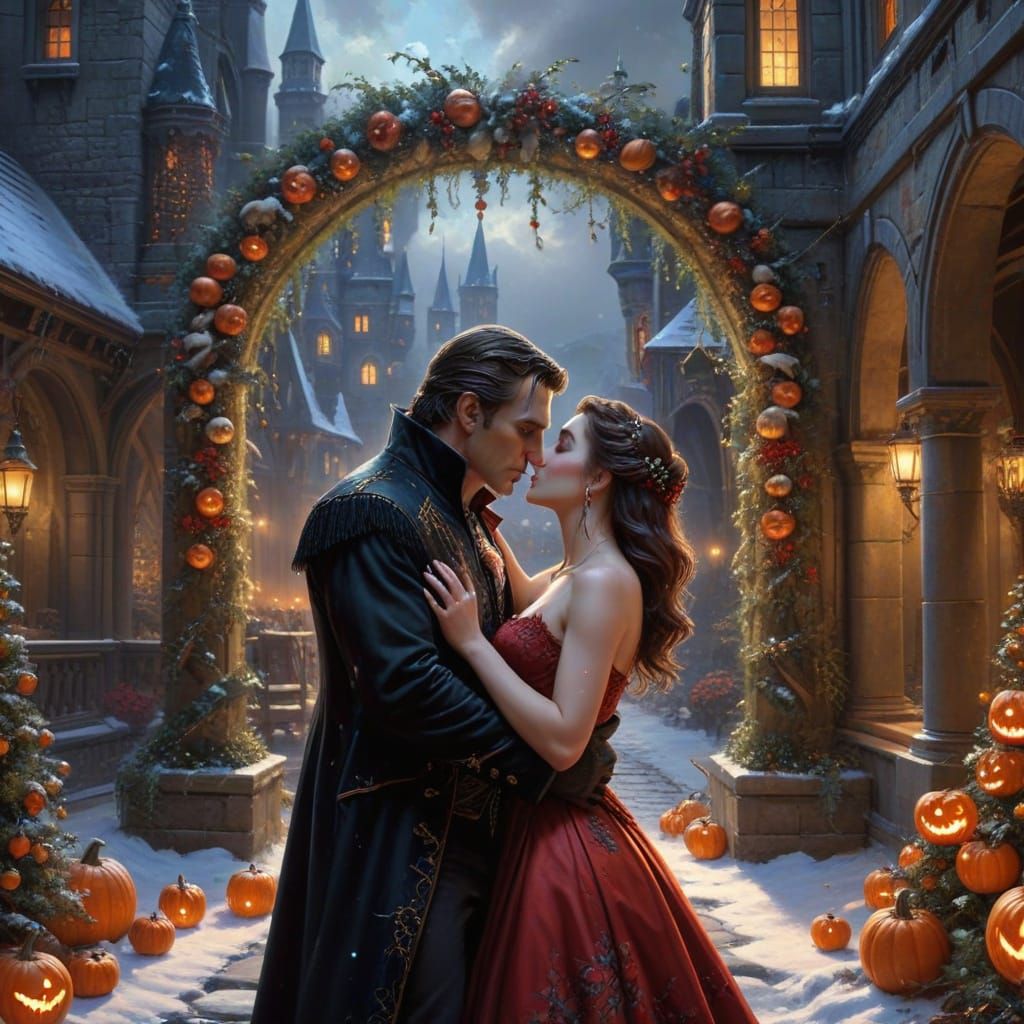 Vampire Kiss in Dark Fantasy Christmas Courtyard