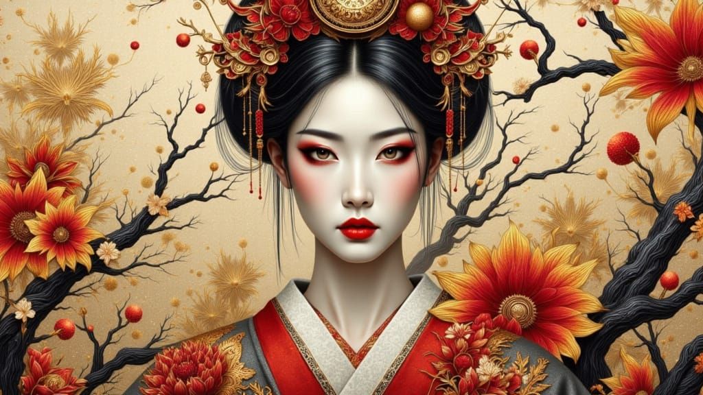 Geisha and Samurai Portraits in Asian Style