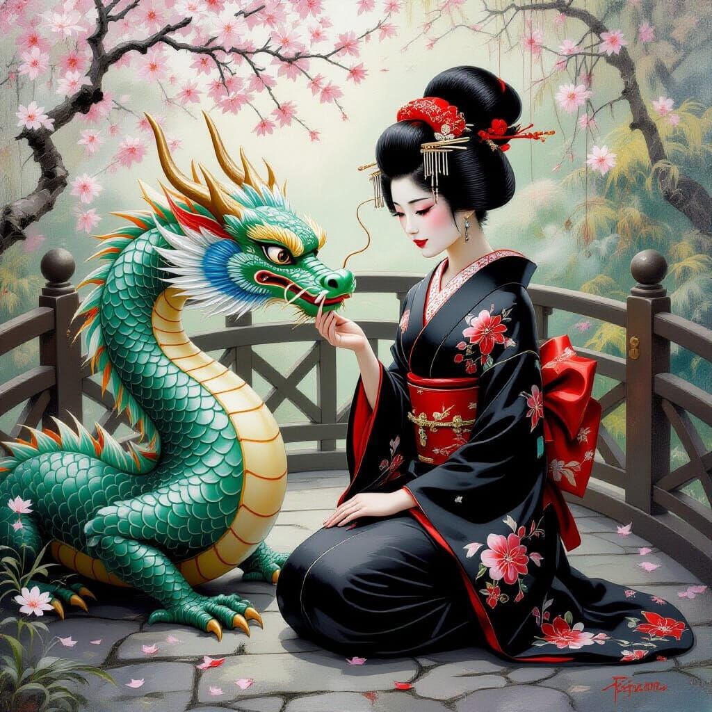 Geisha Pets Jade Dragon in Fantasy Oil Painting