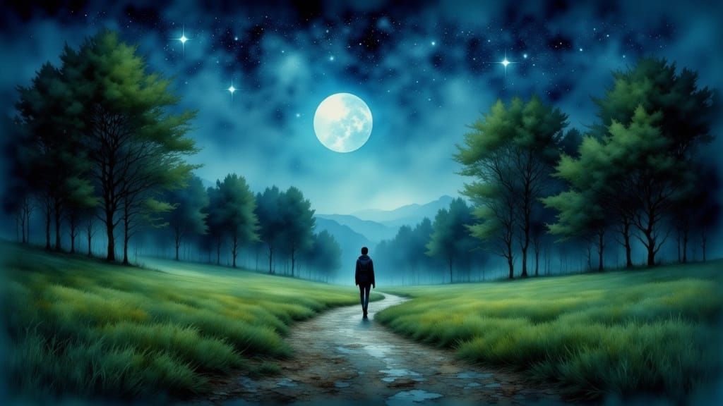Traveler on Starry Spring Night Path