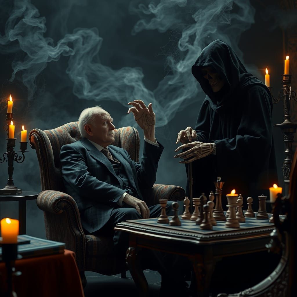 Grim Reaper Plays Chess: Hyperrealistic Digital Art