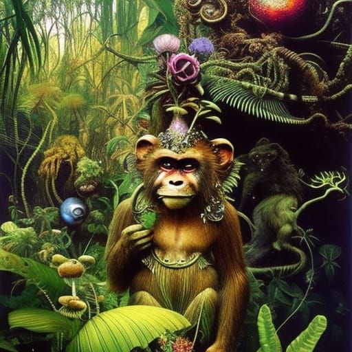 Surreal Monkey in Mystical Bioluminescent Jungle