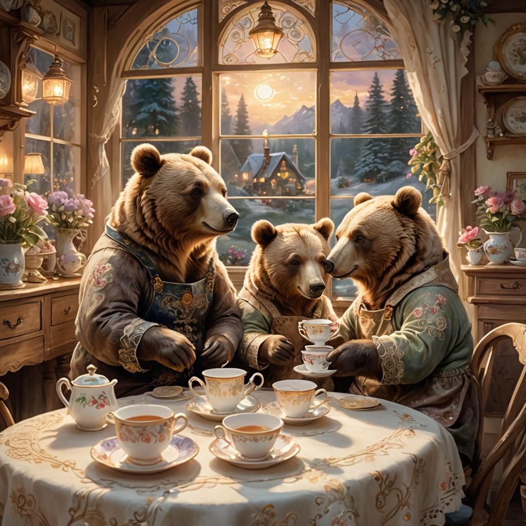 Bears' Tea Party: Whimsical Impressionist Cottage Scene