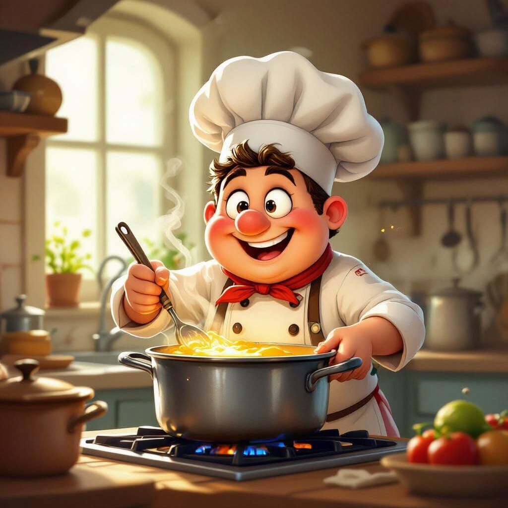 Whimsical Chef Oliver Bubbling Pot Storybook Style