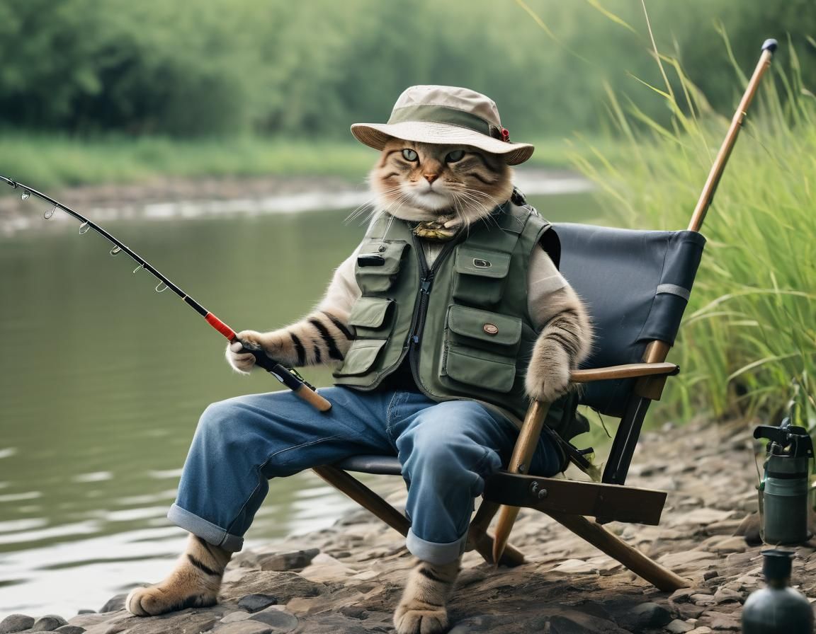 Cat Angler: Fishing by the Riverbank