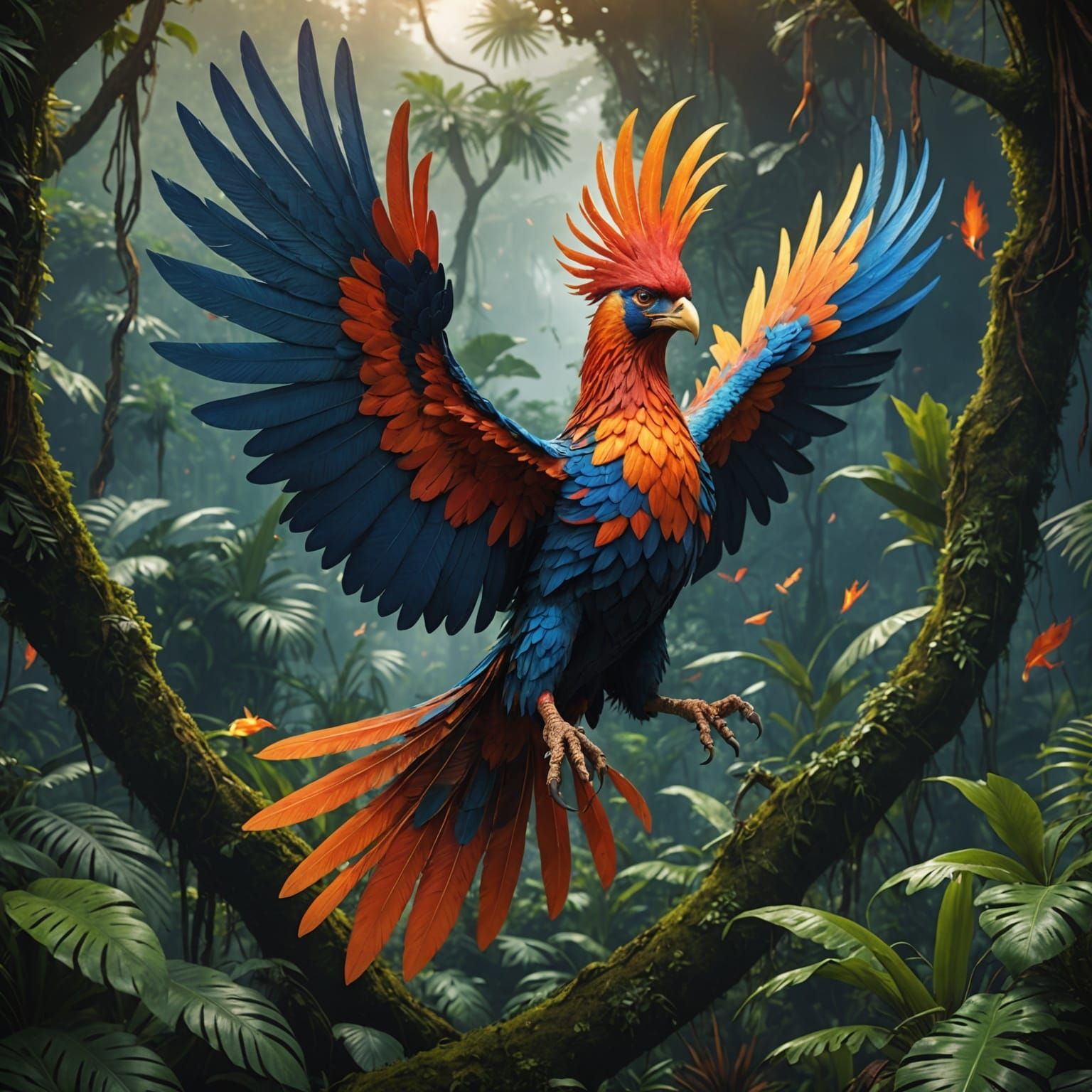 Fiery Phoenix Flight over Jungle: Hyperrealistic Painting