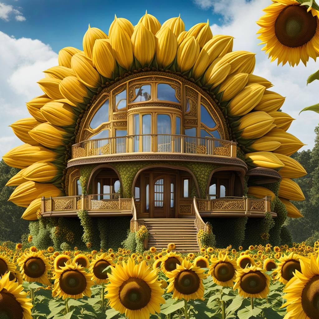 Surreal Sunflower House in Golden Hour Light