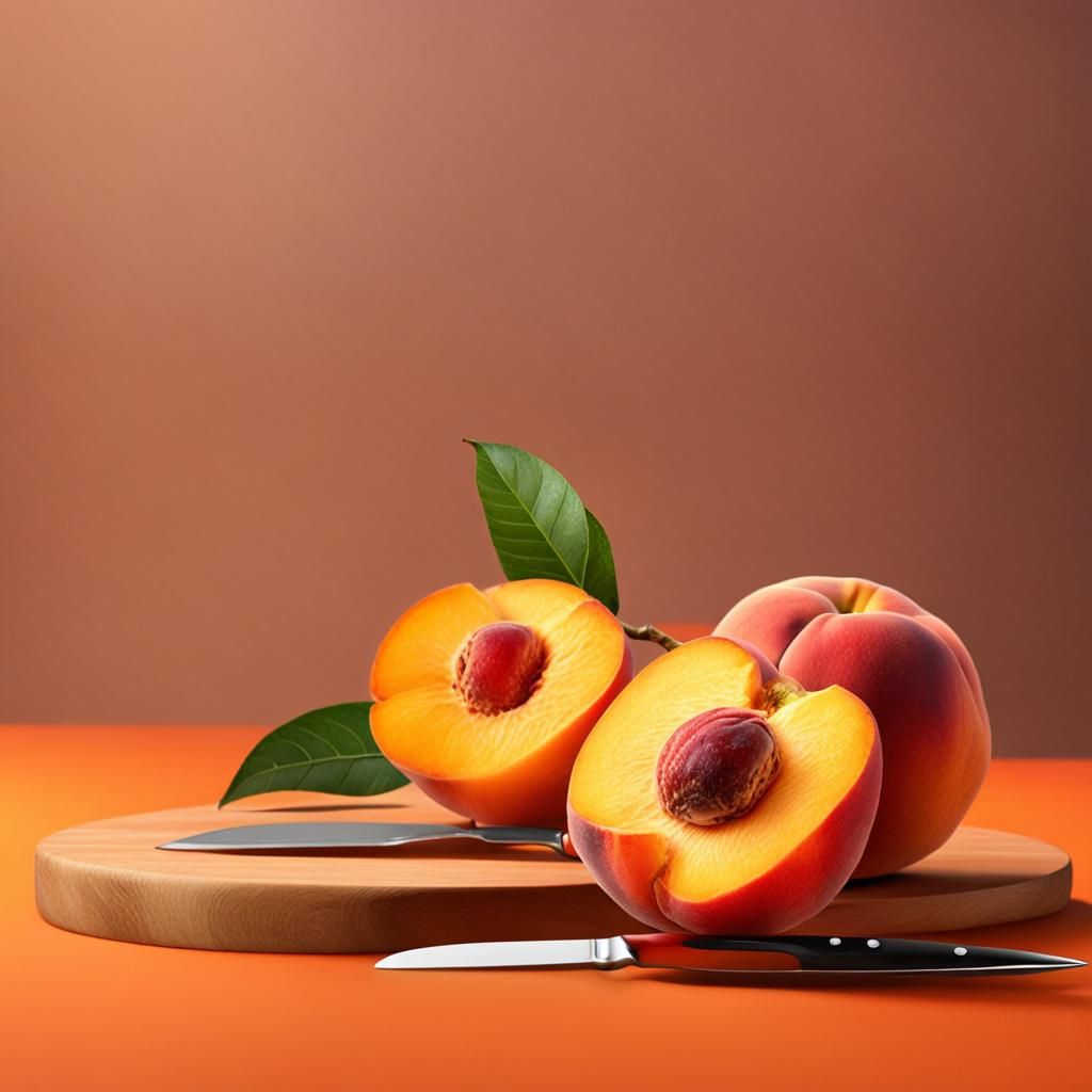 Hyperrealistic Peach Still Life with Fruit Knife