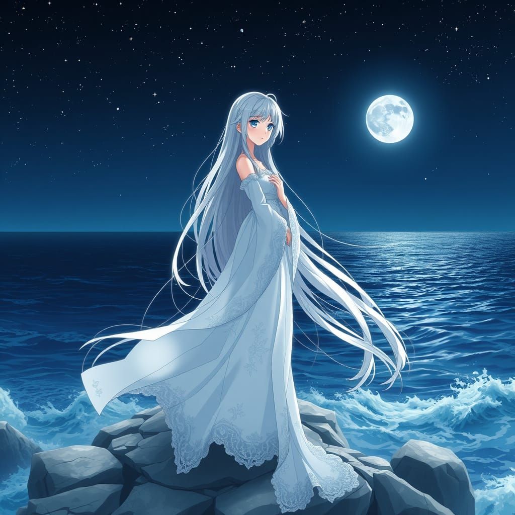 Silver-Haired Anime Goddess Contemplates Starry Ocean