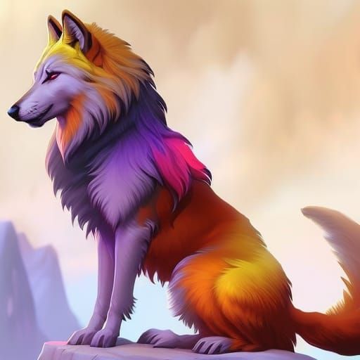 Rainbow Wolf in a Vibrant Fantasy Style