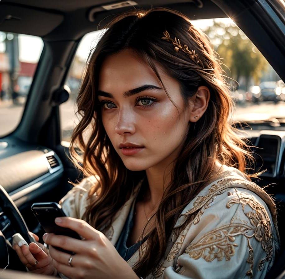 Photorealistic Girl Driving Car Portrait in Cinematic Lighti...