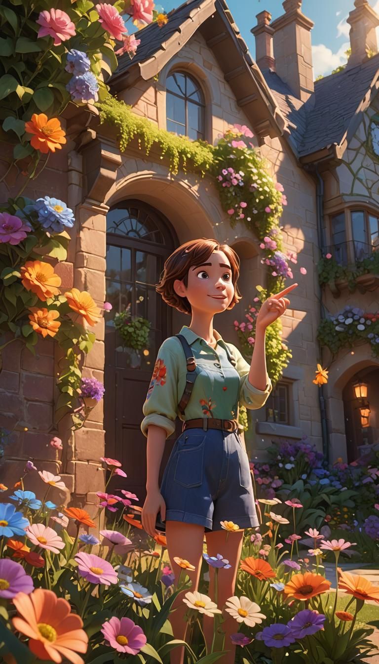 Pixar-Style Lady in a Garden Corner