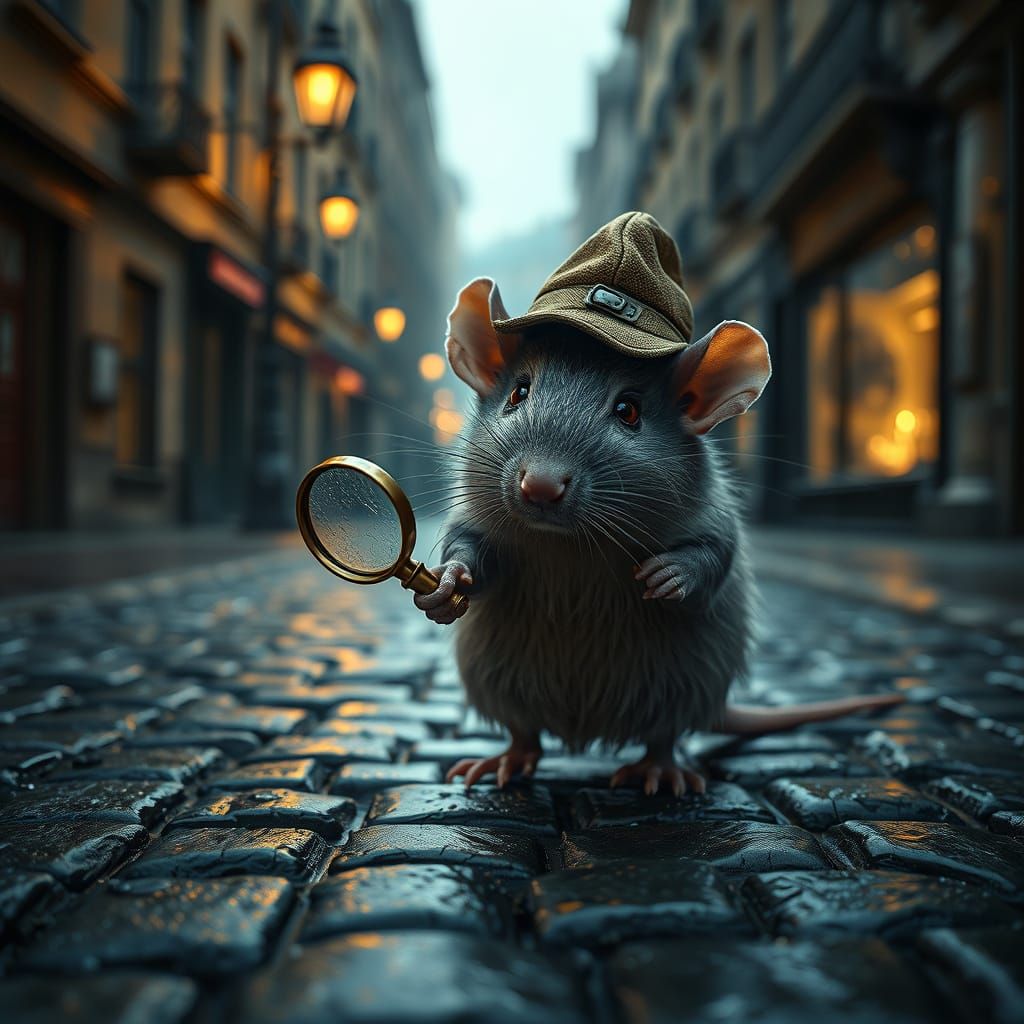 Whimsical Detective Rat Searches the Street