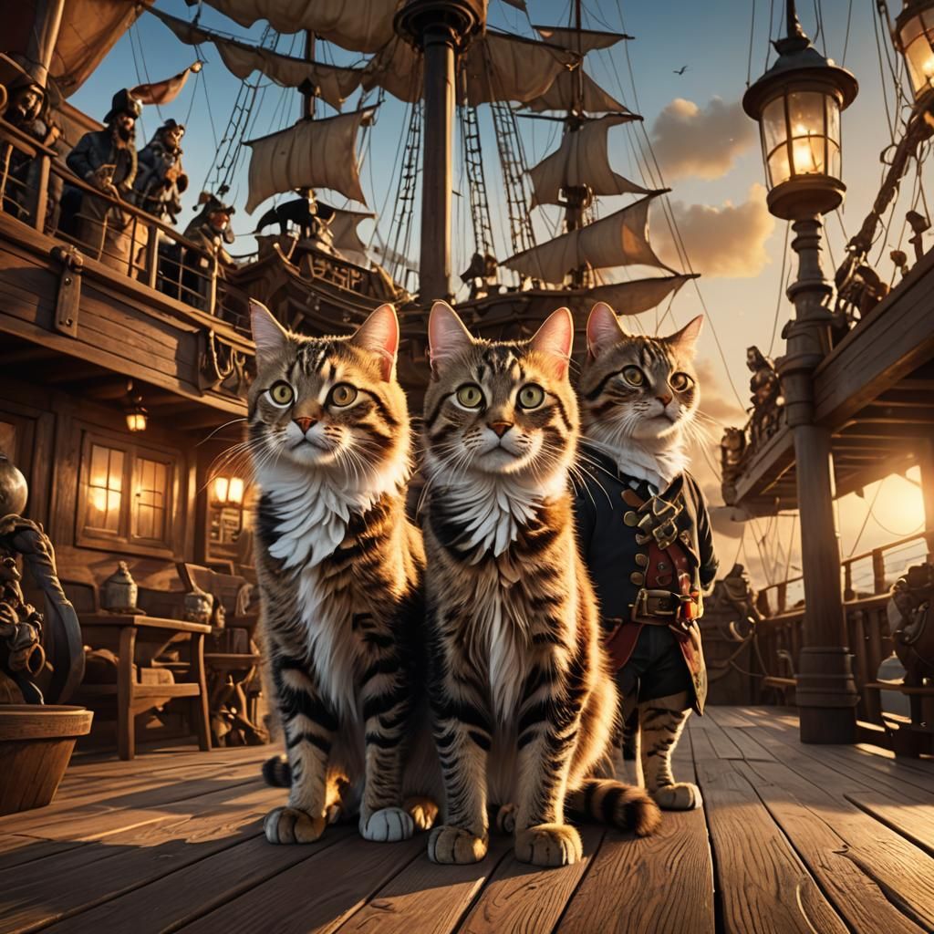 Pirate Tabby Cats on Deck: Cinematic Digital Painting