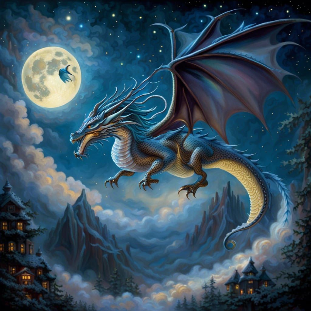 Magical Dragon Flight Under Full Moon