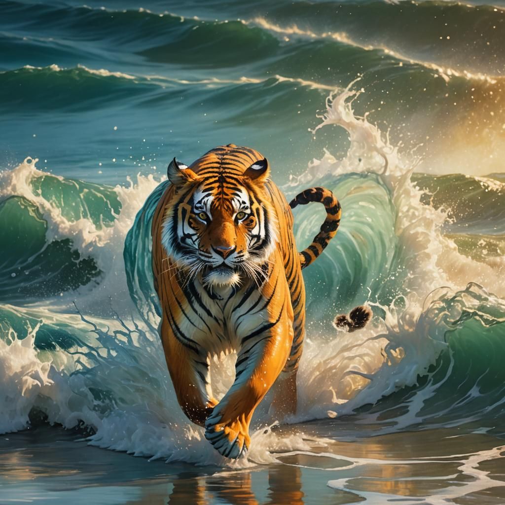Tiger Emerges from Ocean: a Fantasy Oil Painting