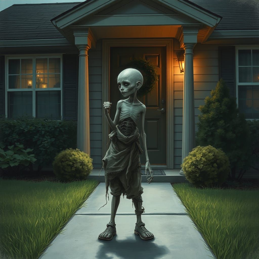 Eerie Undead Child Knocks on Suburban Door