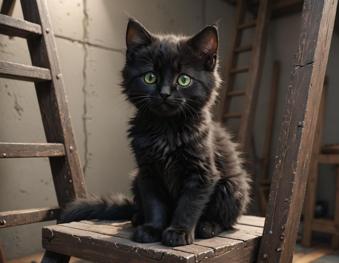 Green Eyed Kitten Under Ladder in 3D Anime Art