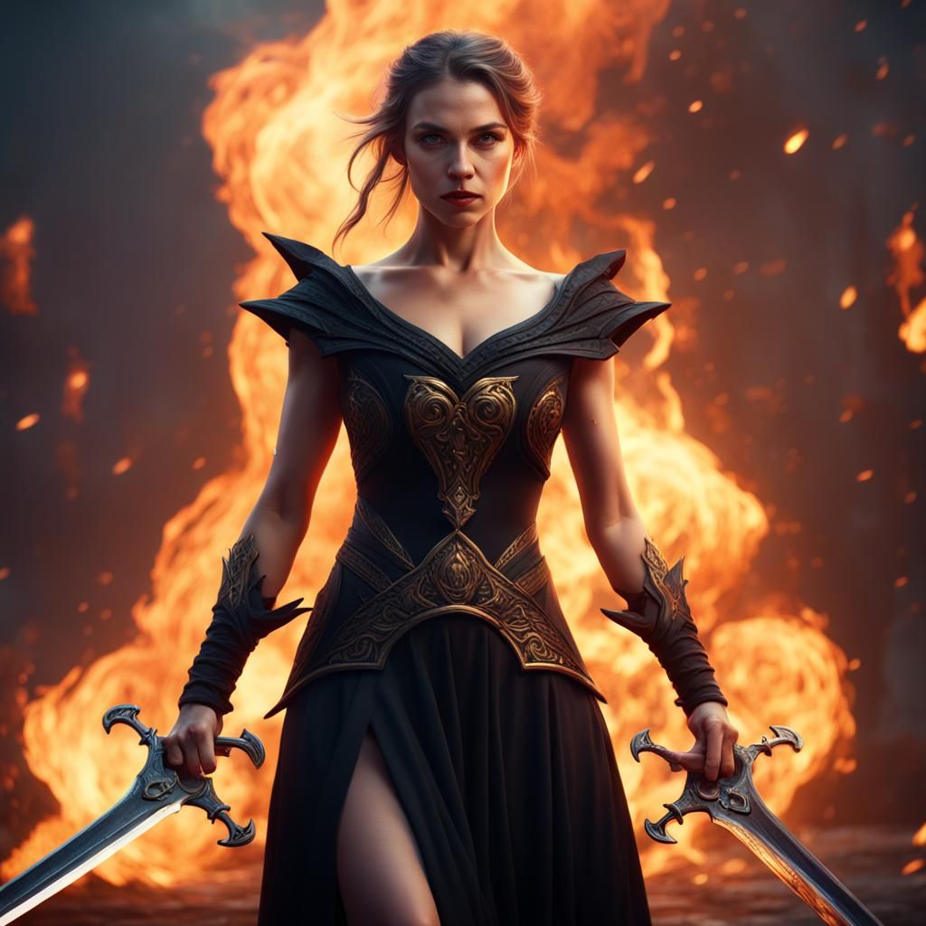 Warrior Woman with Sword and Fire Background